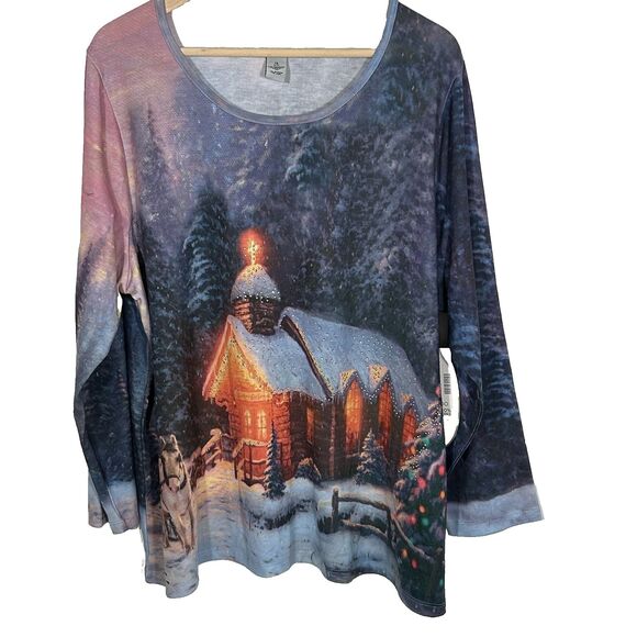 New Catherines Thomas Kinkade Top Size 1x Winter Church Scene Sparkle Horse - Picture 1 of 8